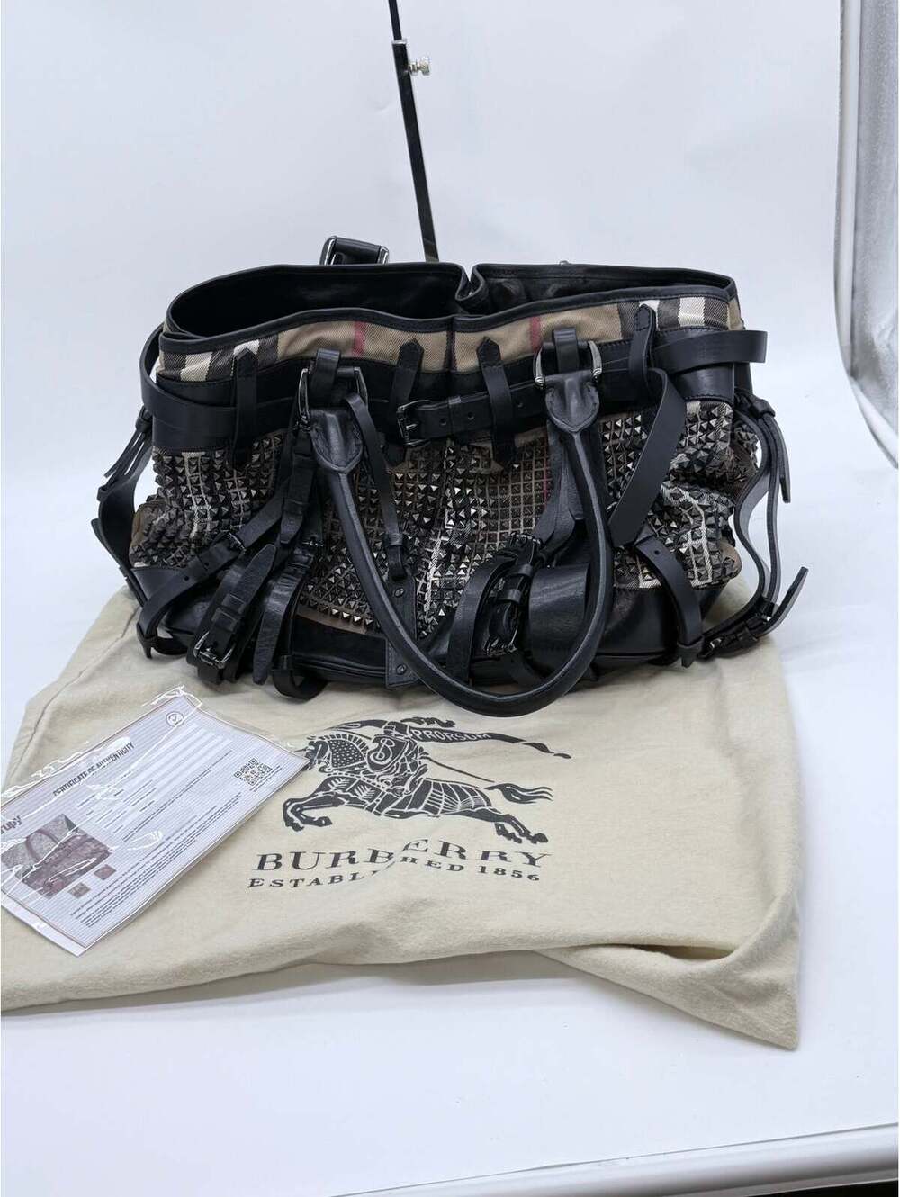 Burberry Prorsum Studded Nova Check Buckle Tote Bag – Black Leather & Canvas - Picture 4 of 8